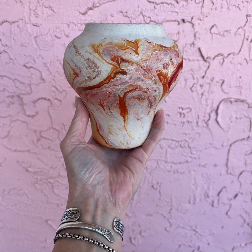 Vintage Nemadji Pottery Vase Swirl Red Orange Art Minnesota